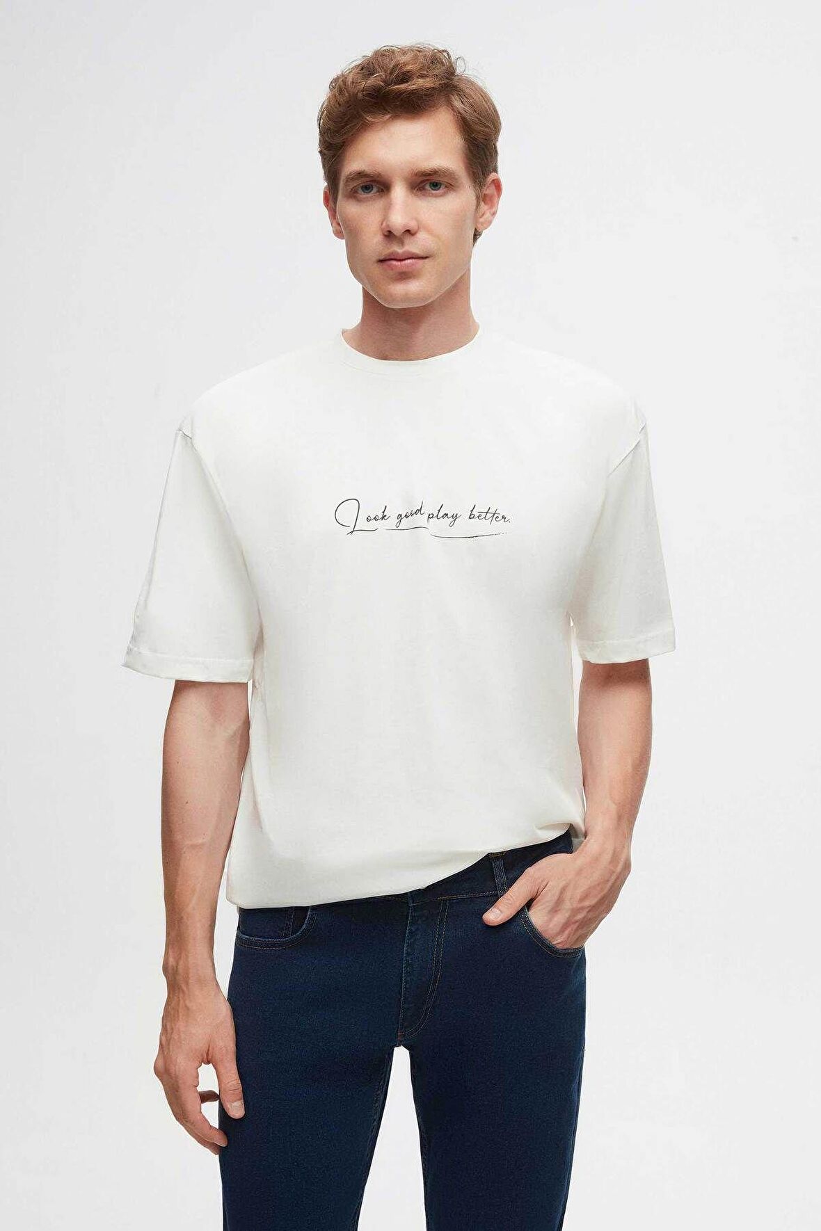 Oversize Beyaz Baskılı %100 Pamuk T-shirt 2EC14ORT05211