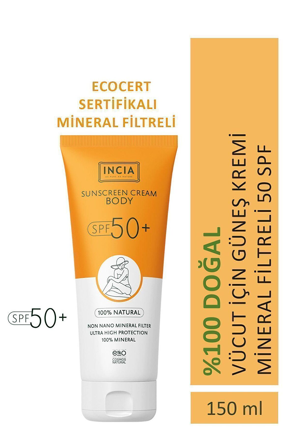 INCIA %100 Doğal Vücut Güneş Kremi Leke Karşıtı Mineral Filtreli Yüksek Koruma SPF 50+ UVA UVB 150 ml