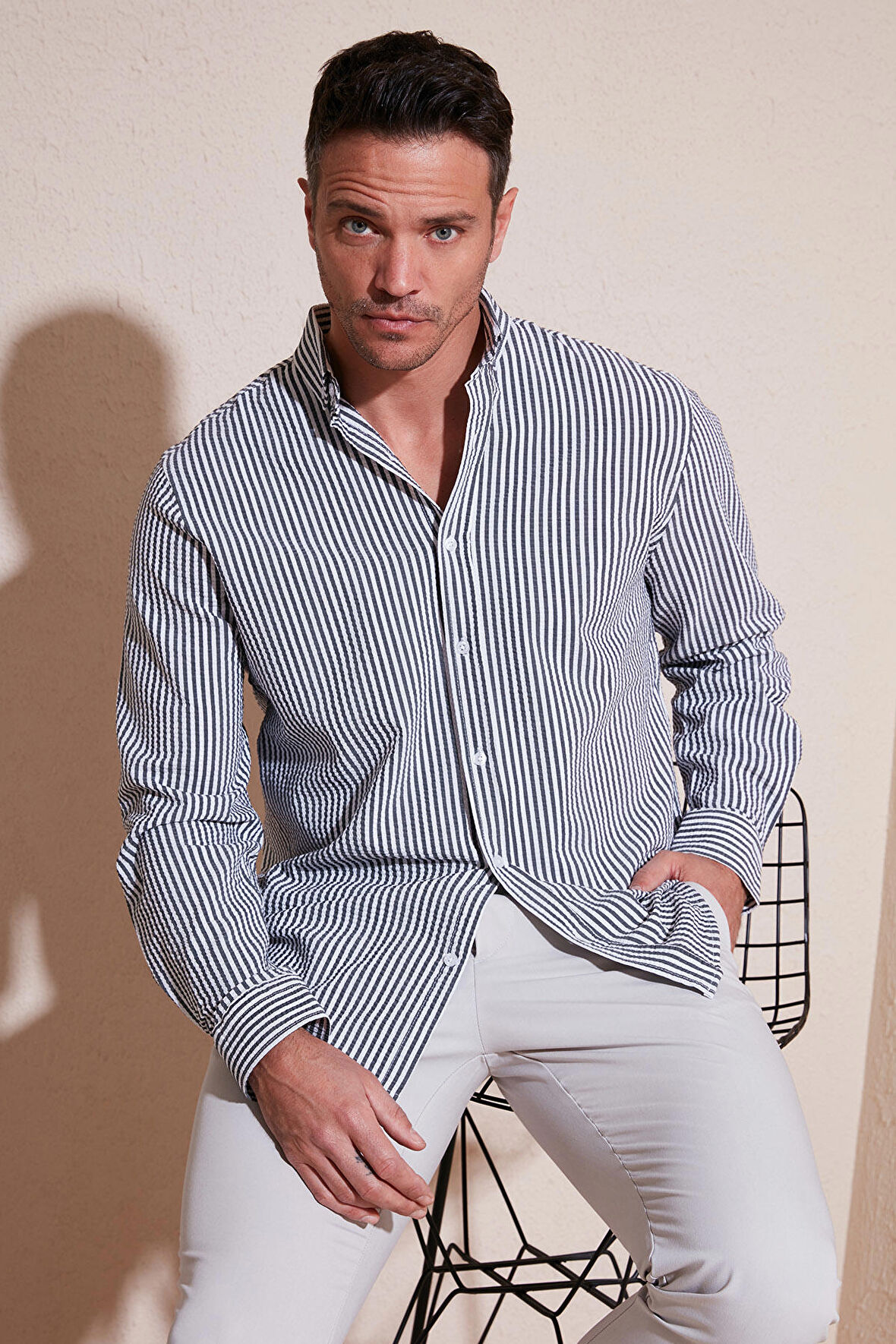Buratti Pamuklu Çizgili Düğmeli Yaka Uzun Kollu Regular Fit Gömlek Erkek GÖMLEK CF23S112237