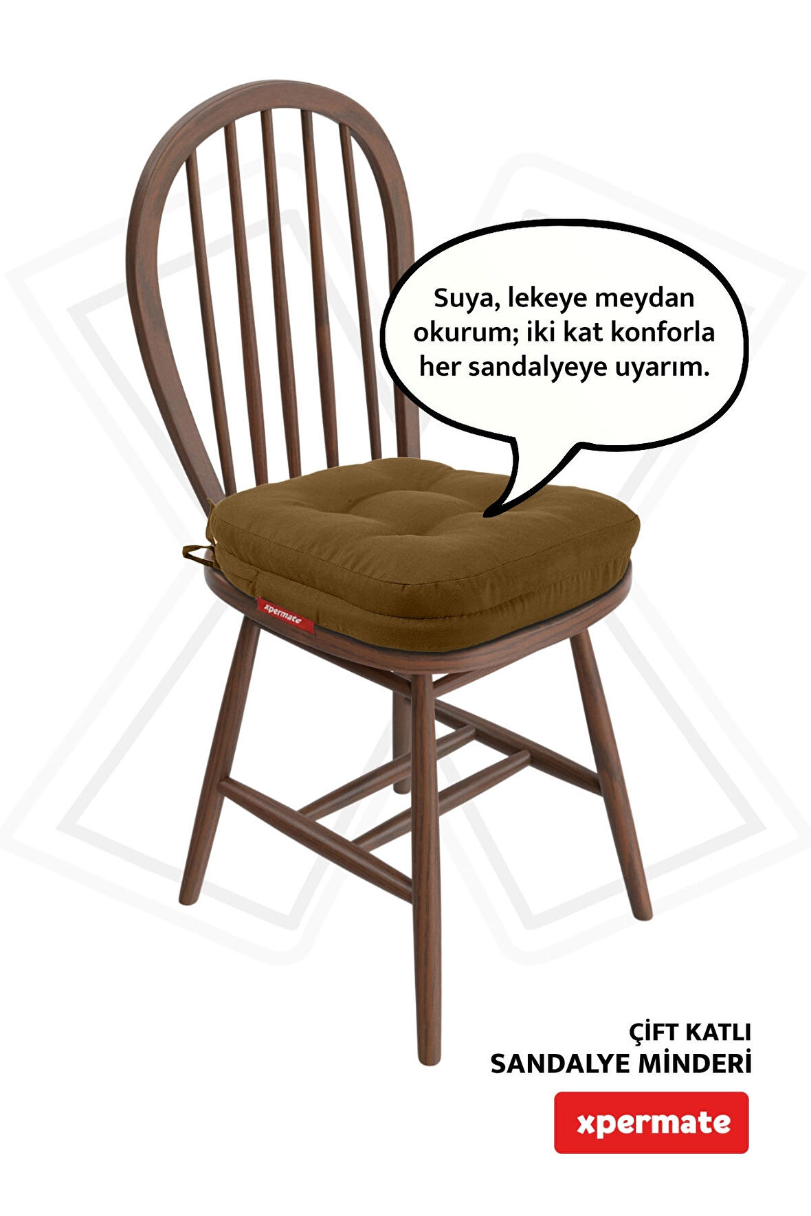 XPERMATE Çift Kat Sandalye Minderi Fermuarlı Yıkanabilir Kılıf Bağcıklı Su ve Yağ İtici 42x42x8 Kahverengi