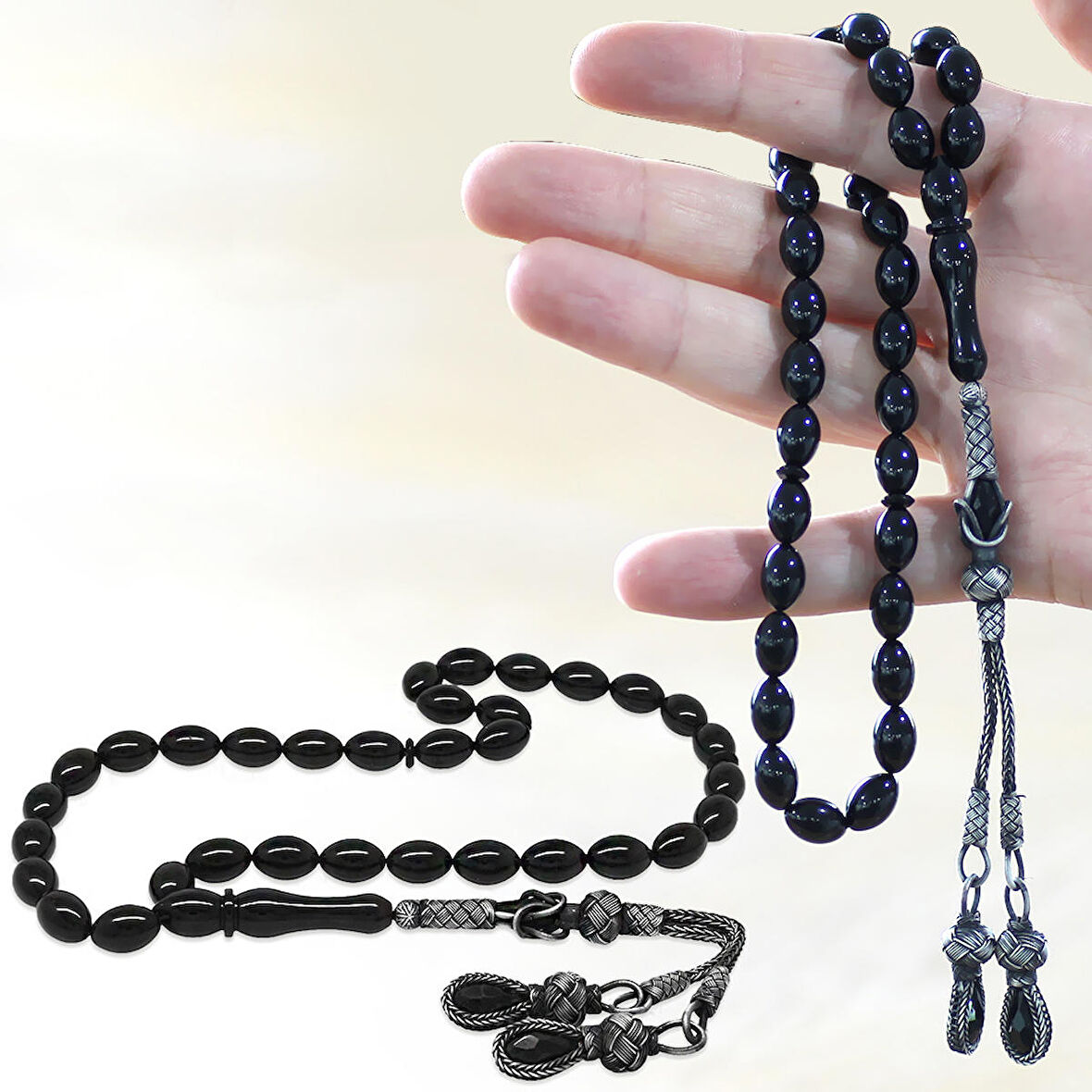 1000 Ayar Gümüş Kazaz Püsküllü Arpa Kesim Siyah Sıkma Kehribar Tesbih