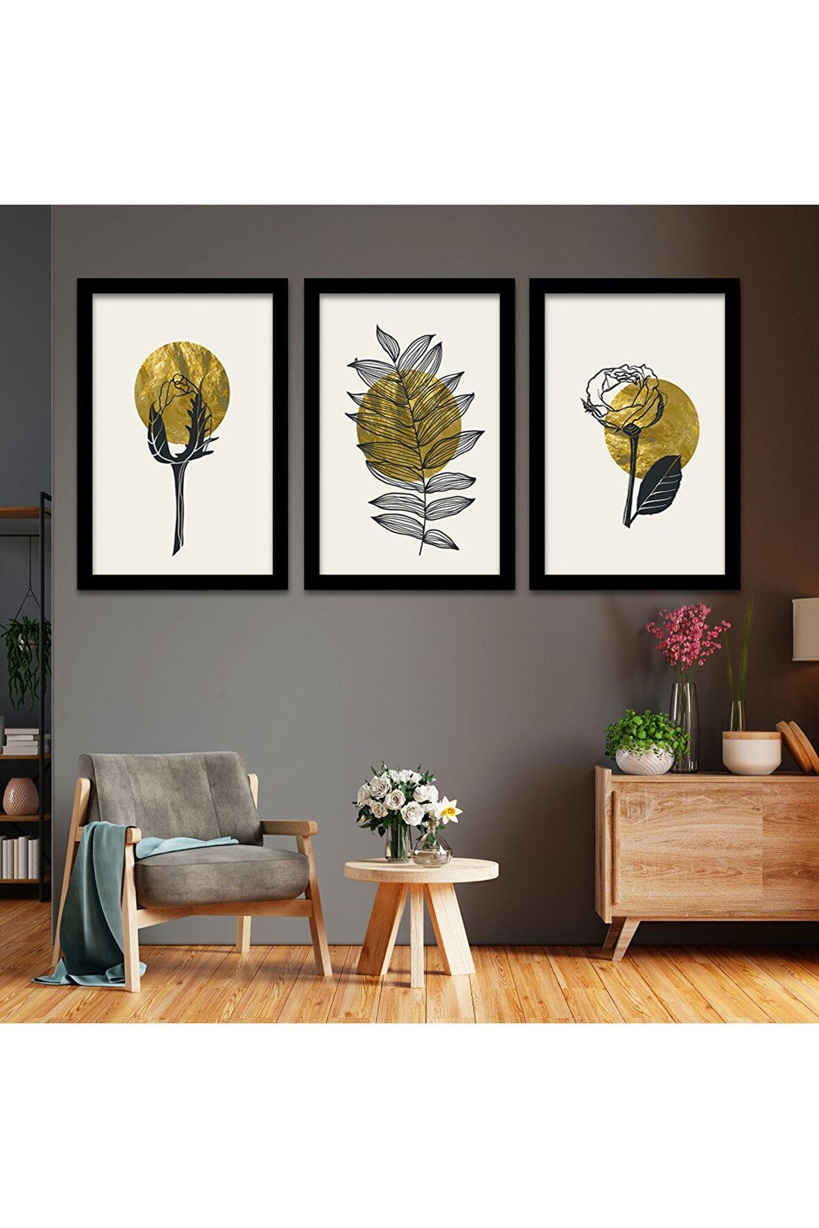 GOLD AYNALI PLEKSİ ÇERÇEVELİ MODERN BEYAZ ALTIN SARISI TAVUS TÜYÜ DESENLİ ÇİZİM TABLO