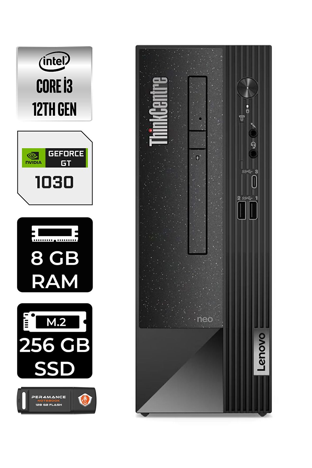 Lenovo NEO 50S i3 12100 8GB RAM 256GB SSD GT1030/4GB FDOS 11SX002VTX MASAÜSTÜ PC & PER4 BELLEK