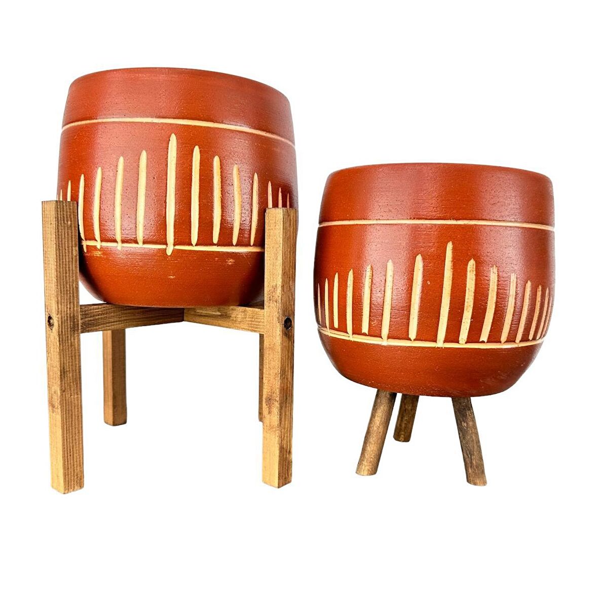 Ev Dekorasyon Aksesuar Dik Çizgi Desenli Toprak Saksı Saksılık Salon Çiçeklik İkili Set 3 Ayaklı- 4 Ayaklı- 19 CM