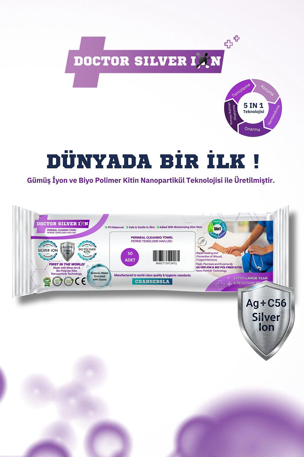 Gümüş Iyon & Biyopolimer Kitin Teknolojili 50'li Perine Temizleme Havlusu (1 Paket)
