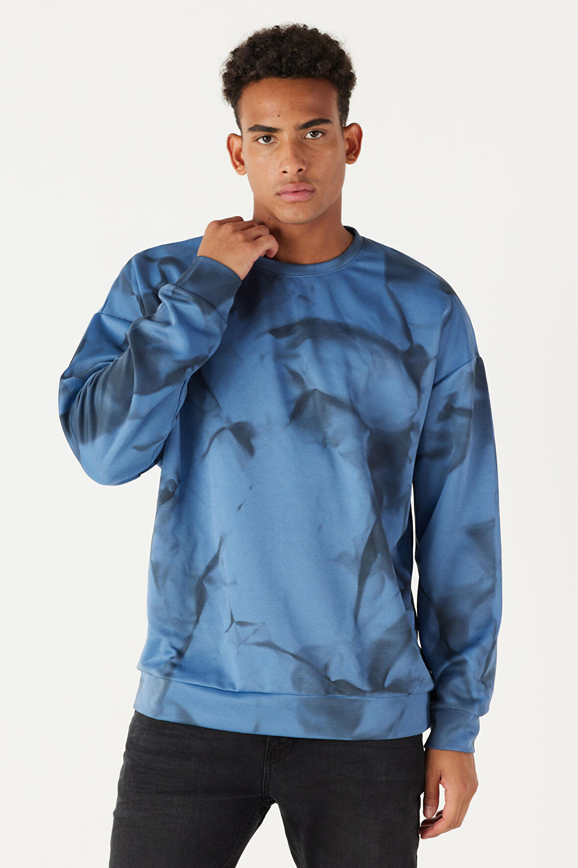 Erkek Indigo Oversize Bol Kesim Bisiklet Yaka Modern Desenli Yumuşak Dokulu Sweatshirt