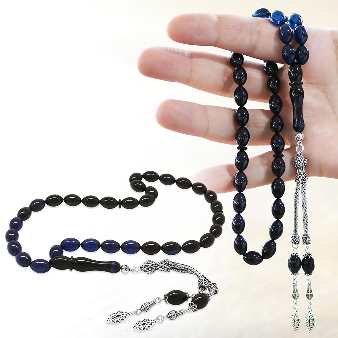 925 Ayar Gümüş Çift Püsküllü Arpa Kesim Süzme Mavi-Siyah Sıkma Kehribar Tesbih