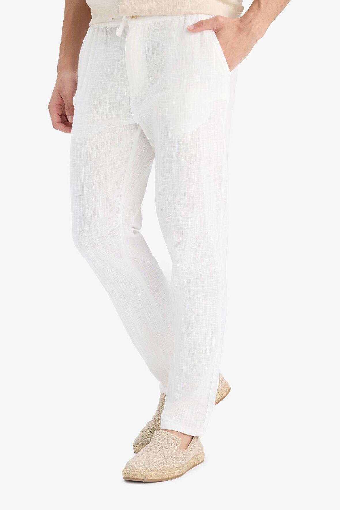 DeFacto %100 Pamuk Keten Görünümlü Pantolon Beli Lastikli Slim Fit Dar Kesim Cepli Düz Paça D2671AX25SMER85