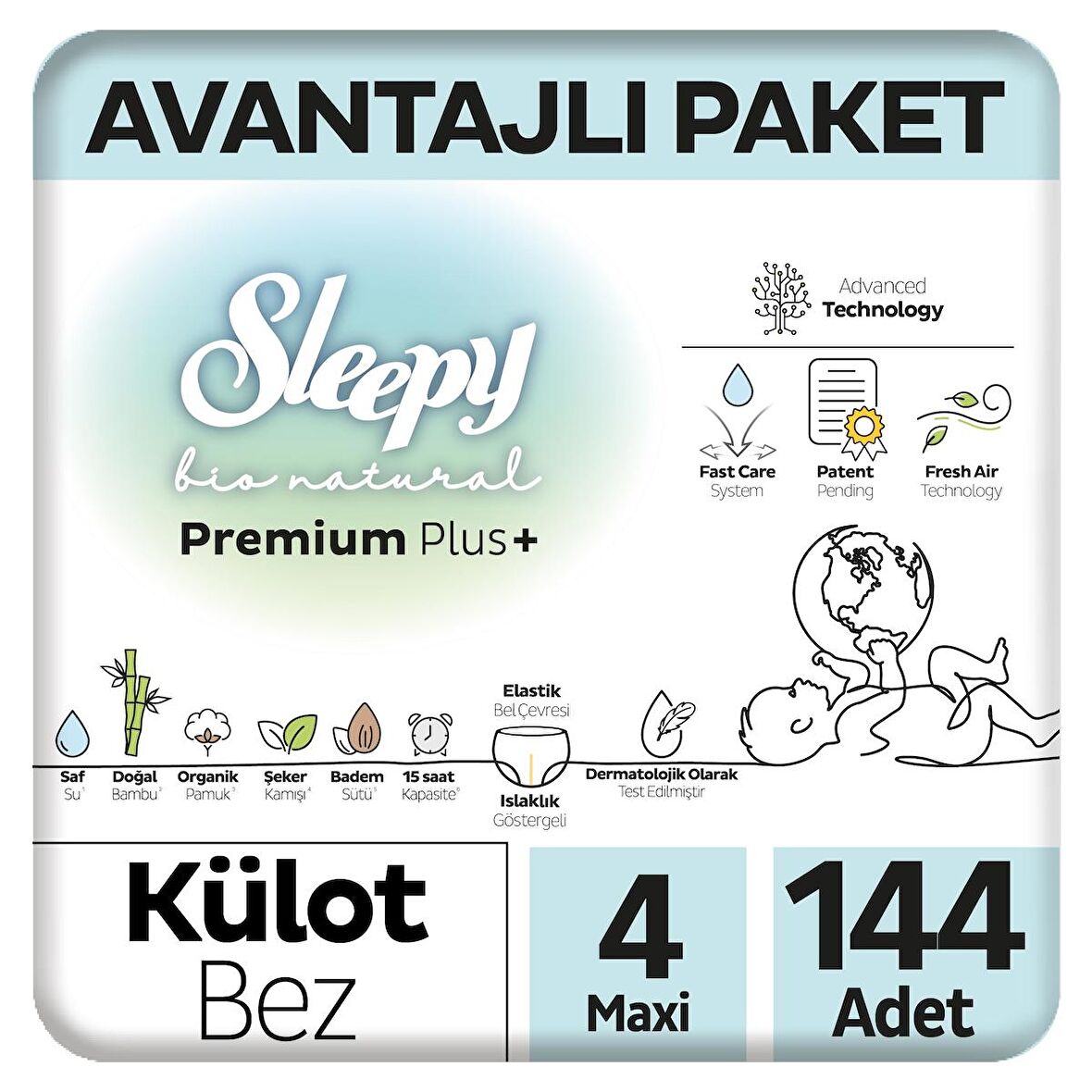 Sleepy Bio Natural Premium Plus Avantajlı Paket Külot Bez 4 Numara Maxi 144 Adet