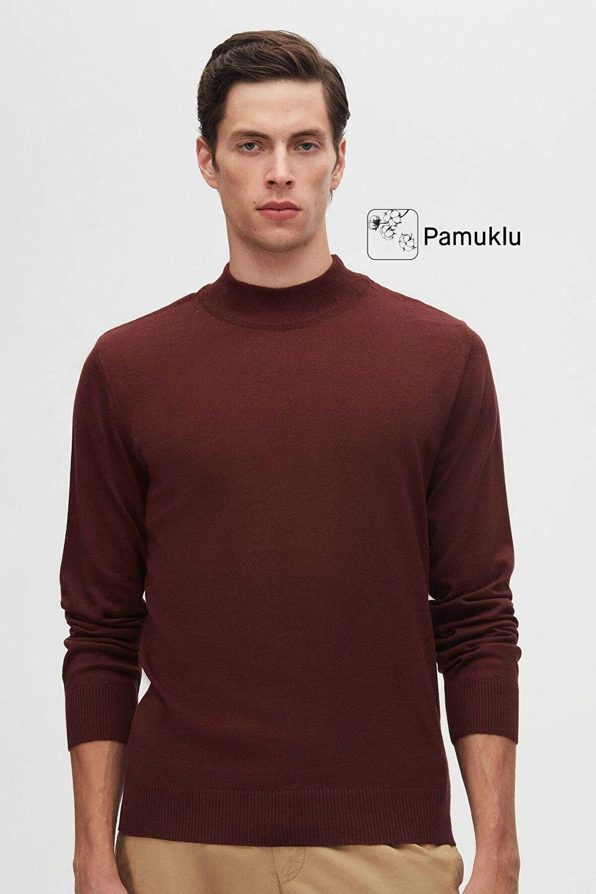 Regular Fit Bordo Pamuk Karışımlı Yarım Balıkçı Triko Kazak 5HF06ORT16275