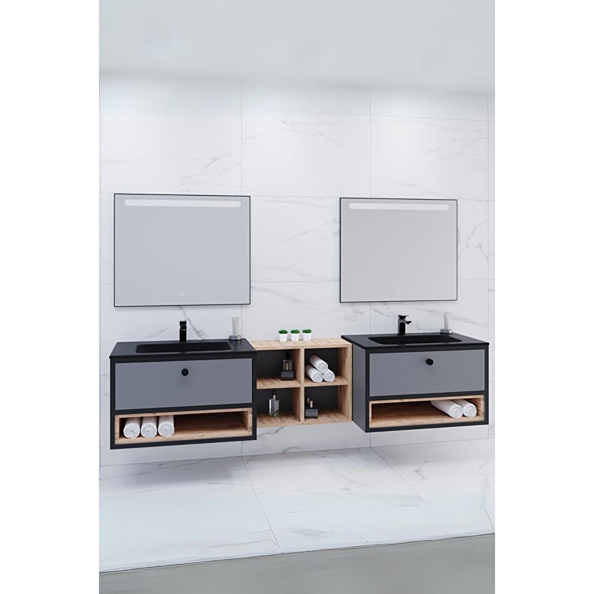 ESPERO 225 CM SİYAH LAVABOLU BANYO DOLABI - BOY DOLAP HARİÇ