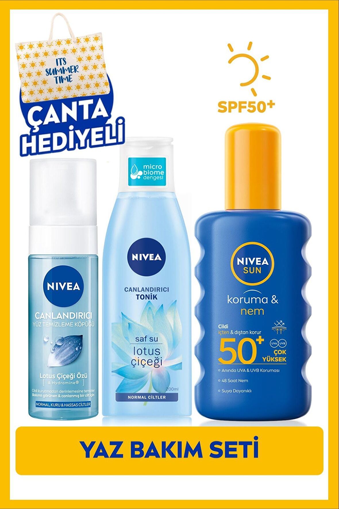 Nivea Sun Güneş Koruyucu Vücut Spreyi 200ml Spf50, Yüz Temizleme Köpüğü 150ml, Tonik 200ml, Çanta Hediye