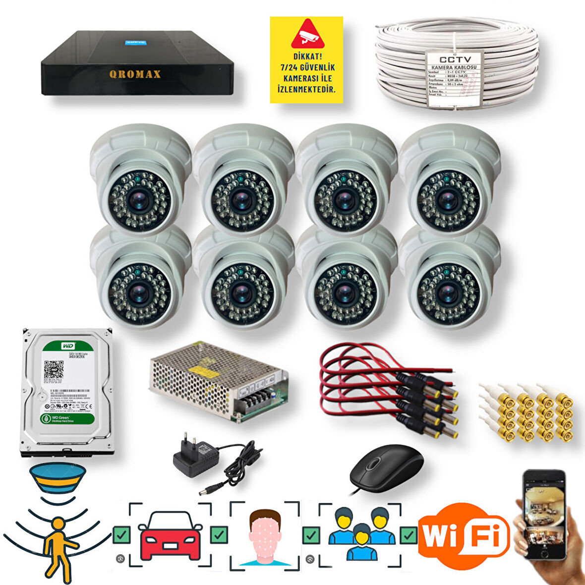 8 Kameralı Set - Araç İnsan Yüz Hareket Algılayan Gece Görüşlü 36 IR Led 5MP Sony Lensli 1080P Dome Güvenlik Kamerası Seti D136b