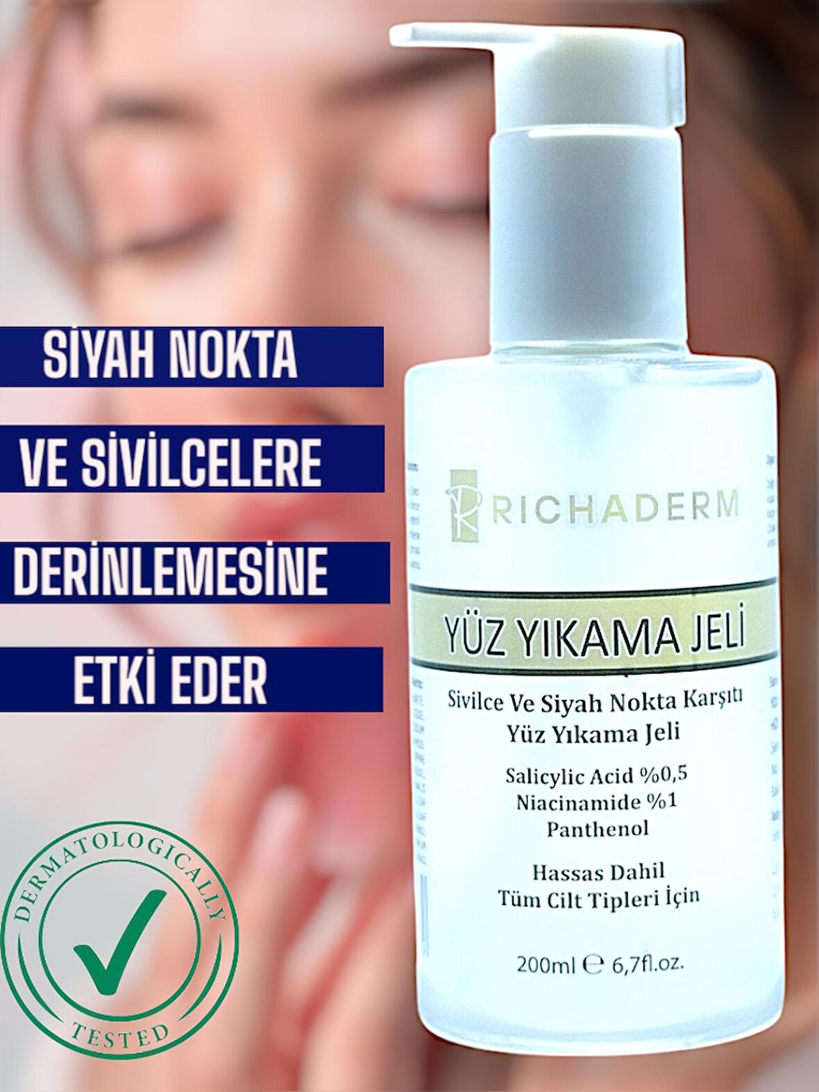  Richaderm Siyah Nokta Karşıtı Yüz Yıkama Jeli - Gözenek Arındırıcı, Yağ Dengeleyici, 200 ml