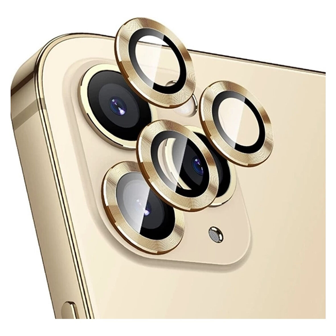 Apple iPhone 11 Pro Max Kamera Koruyucu Lens Mercek Metal Çerçeveli 3lü Set Gold Altın