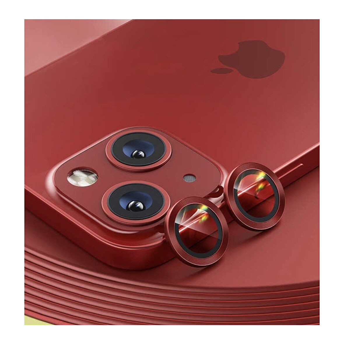 Apple iPhone 13 Mini Kamera Koruyucu Lens Mercek Metal Çerçeveli 2li Set Kırmızı Red