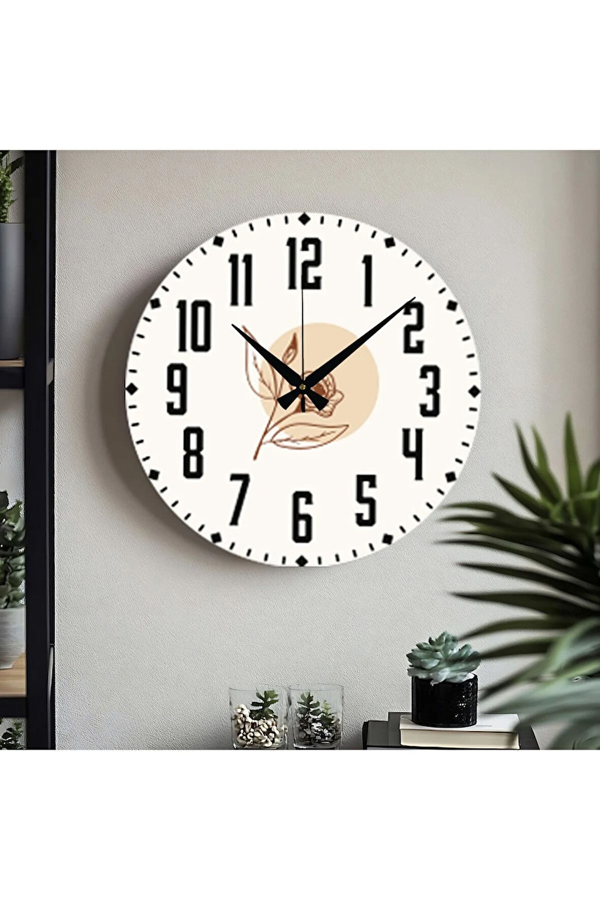Çiçek desenli Dekoratif Türkçe Rakamlı UV Baskılı Duvar Saati (Sessiz) Akar Mekanizma Metal Akrep