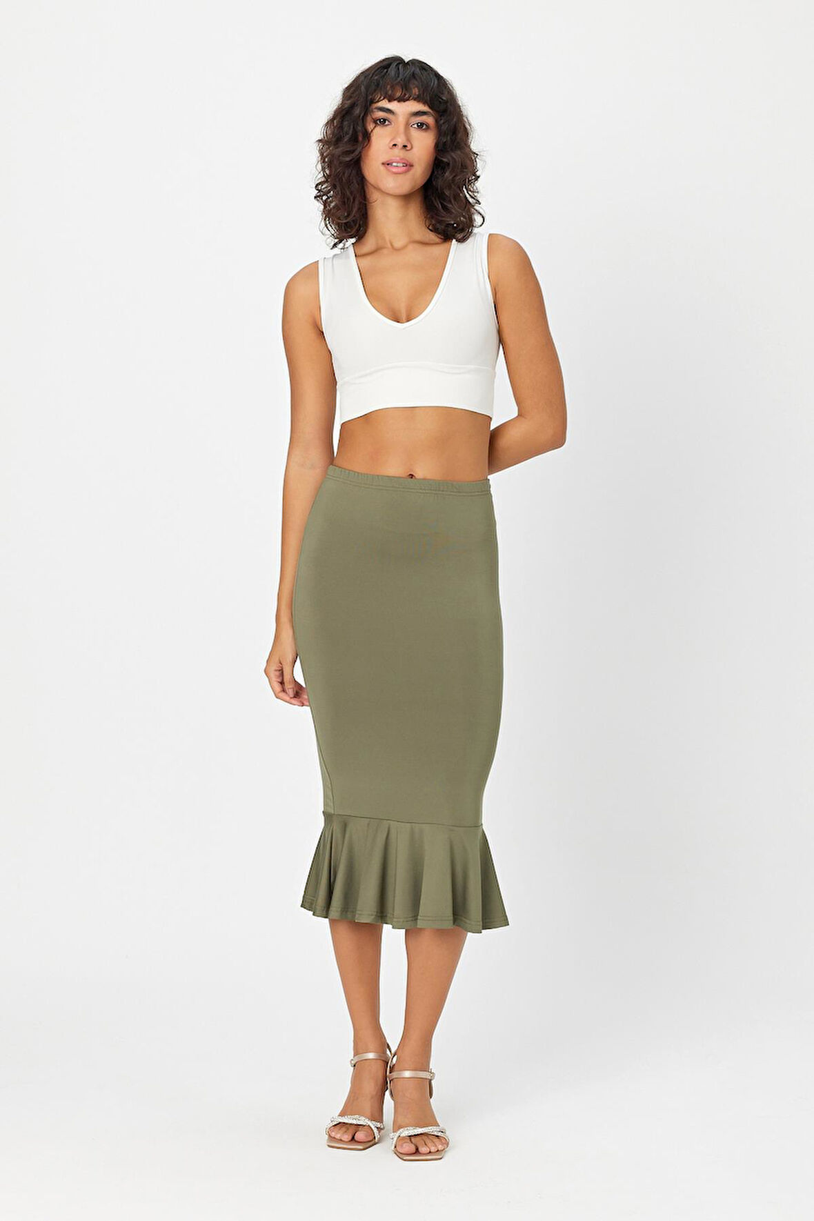 Kadın Fırfır Detaylı Beli Lastikli Etek