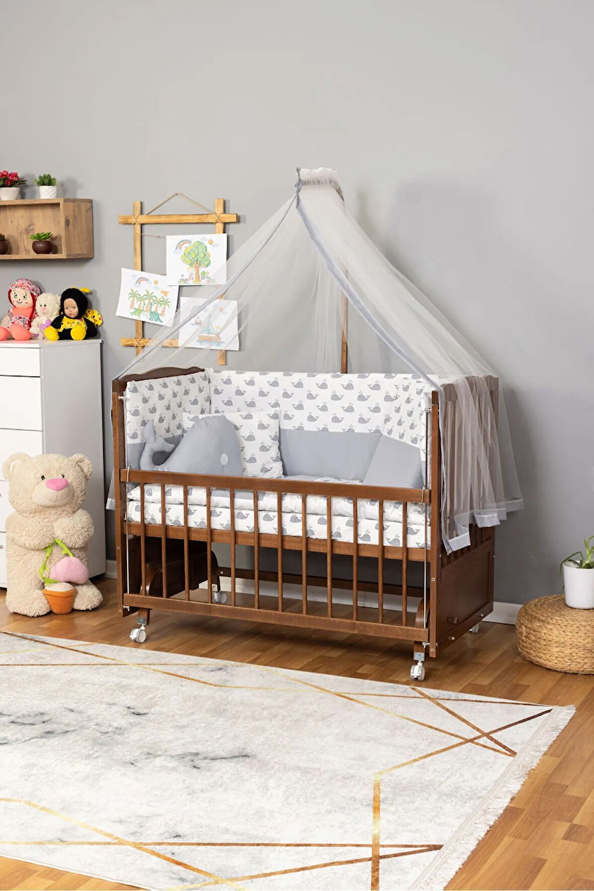 Ahşap Beşik Anne Yanı Beşik Ceviz 60x120 - Gri Balina Uyku Seti Yatak Tekerlekli