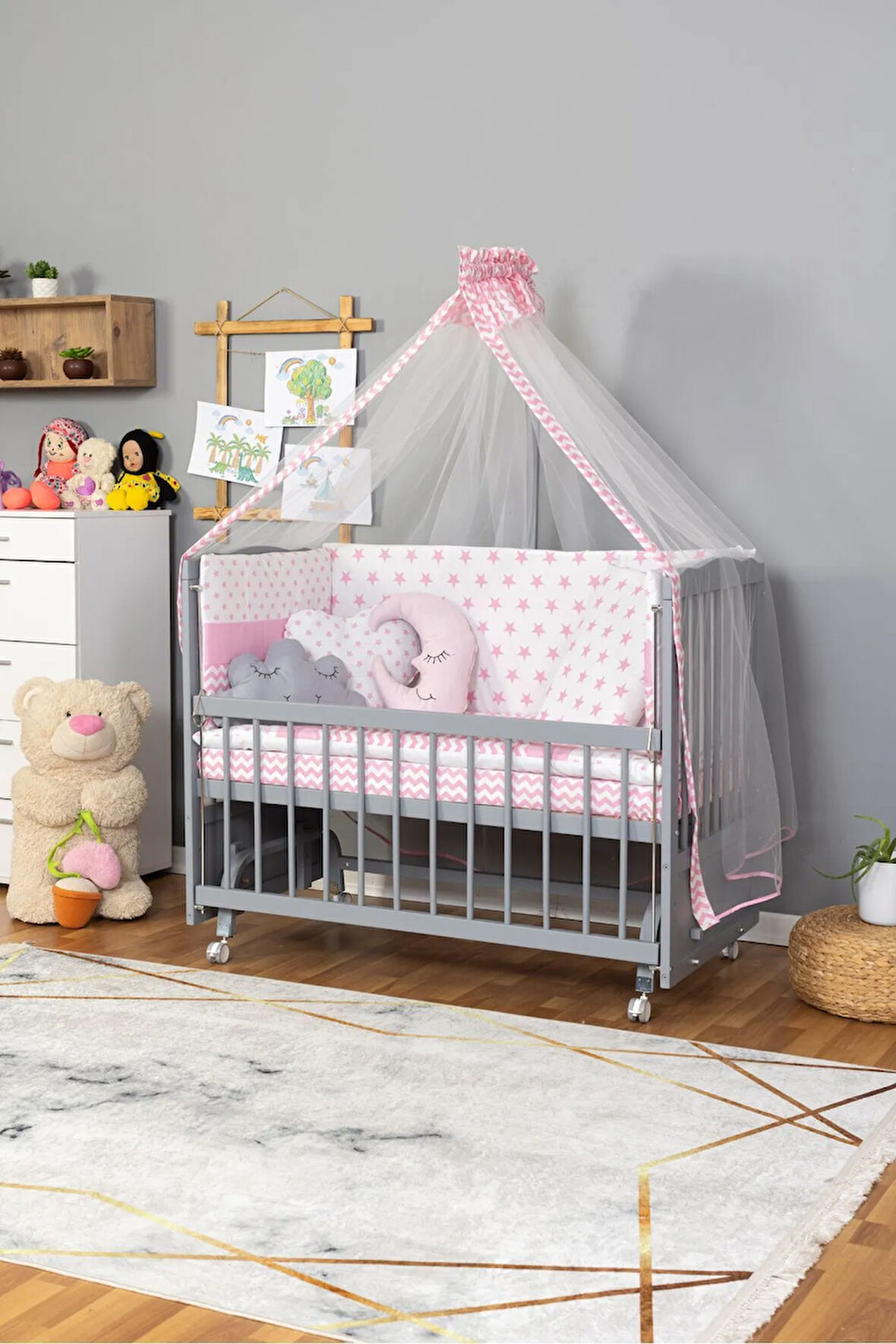 Ahşap Beşik Anne Yanı Beşik Gri 60x120 Pembe Yıldız Uyku Seti Yatak Tekerlekli