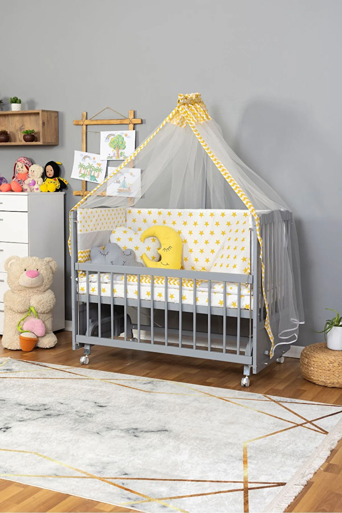 Ahşap Beşik Anne Yanı Beşik Gri 60x120 Sarı Yıldız Uyku Seti Yatak Tekerlekli