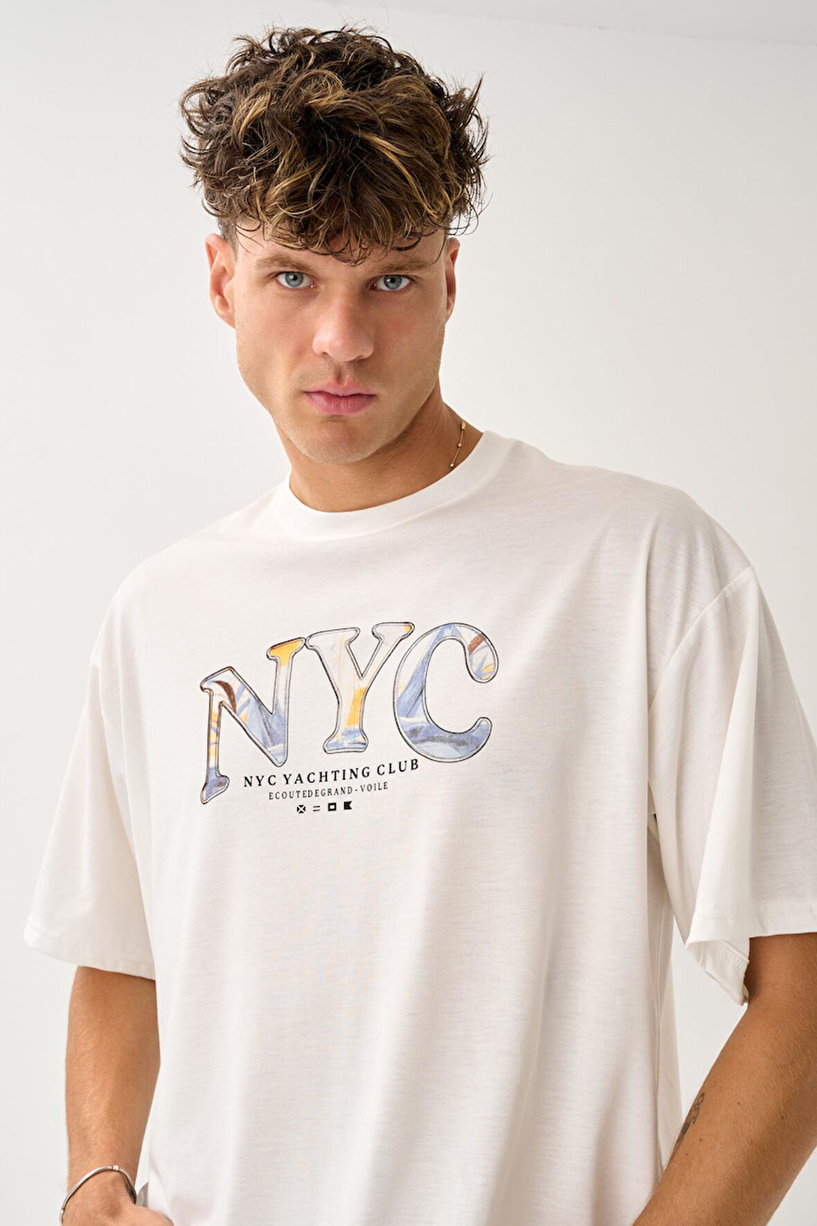 Geniş Kalıp Bisiklet Yaka Baskılı Unisex T-Shirt