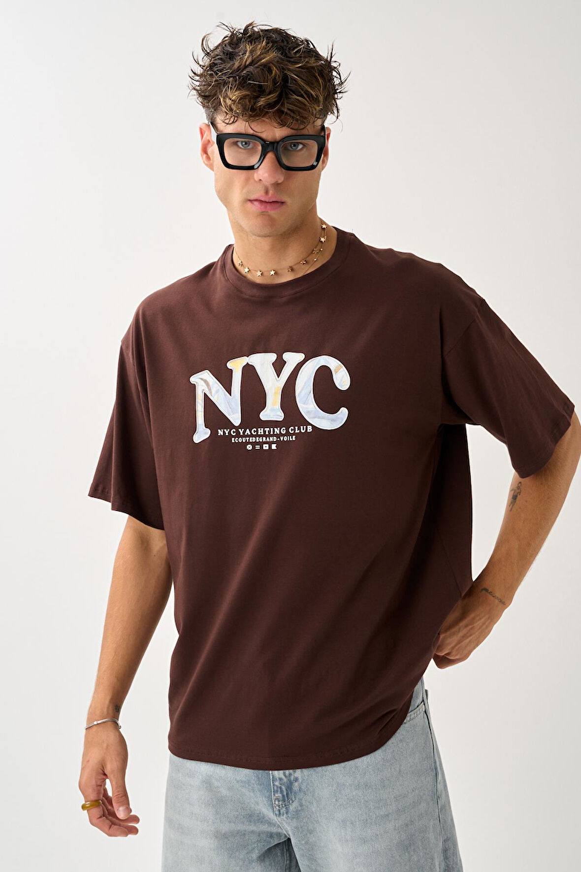 Geniş Kalıp Bisiklet Yaka Baskılı Unisex T-Shirt