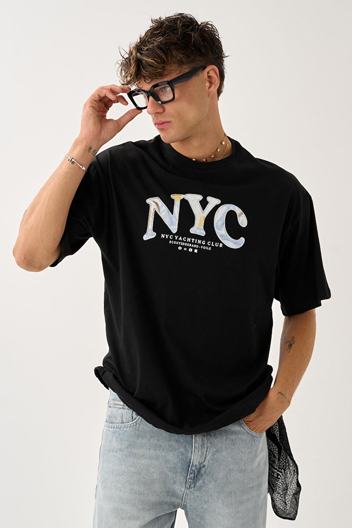 Geniş Kalıp Bisiklet Yaka Baskılı Unisex T-Shirt