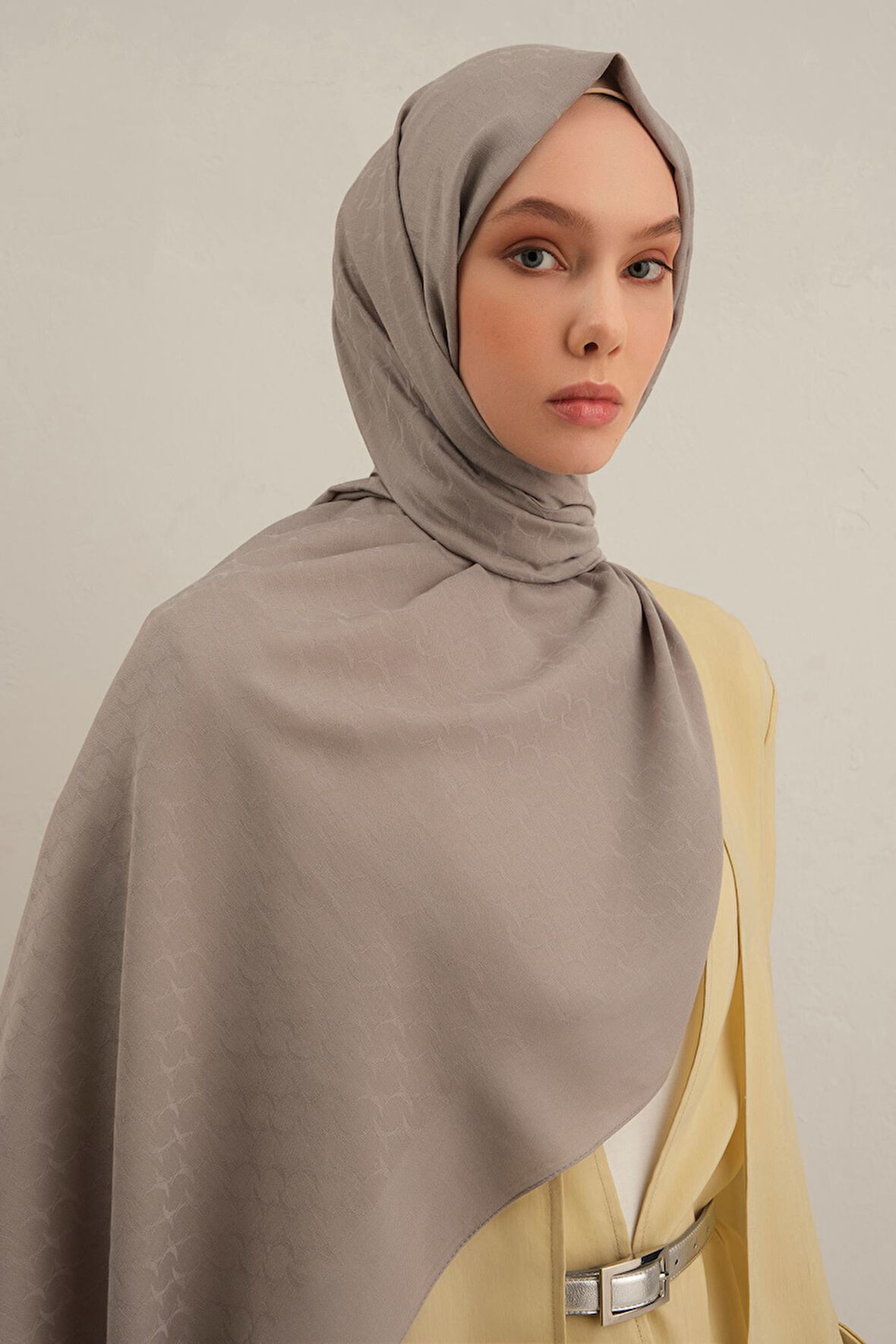 Gri  Link Desen Bambu Cotton Şal   20
