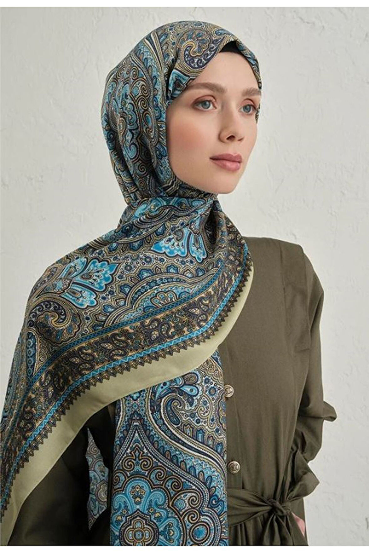 Yağ Yeşili Pure Etnik Desen Şal-3  07