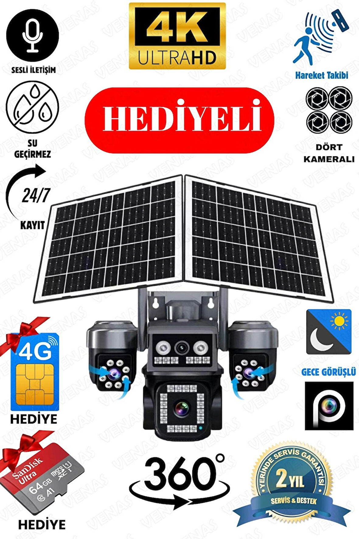 4G Solar 4 Lens Güvenlik Kamerası 12MP – Renkli Gece Görüş, IP66, Hediyeli SD Kart ve SIM Kart