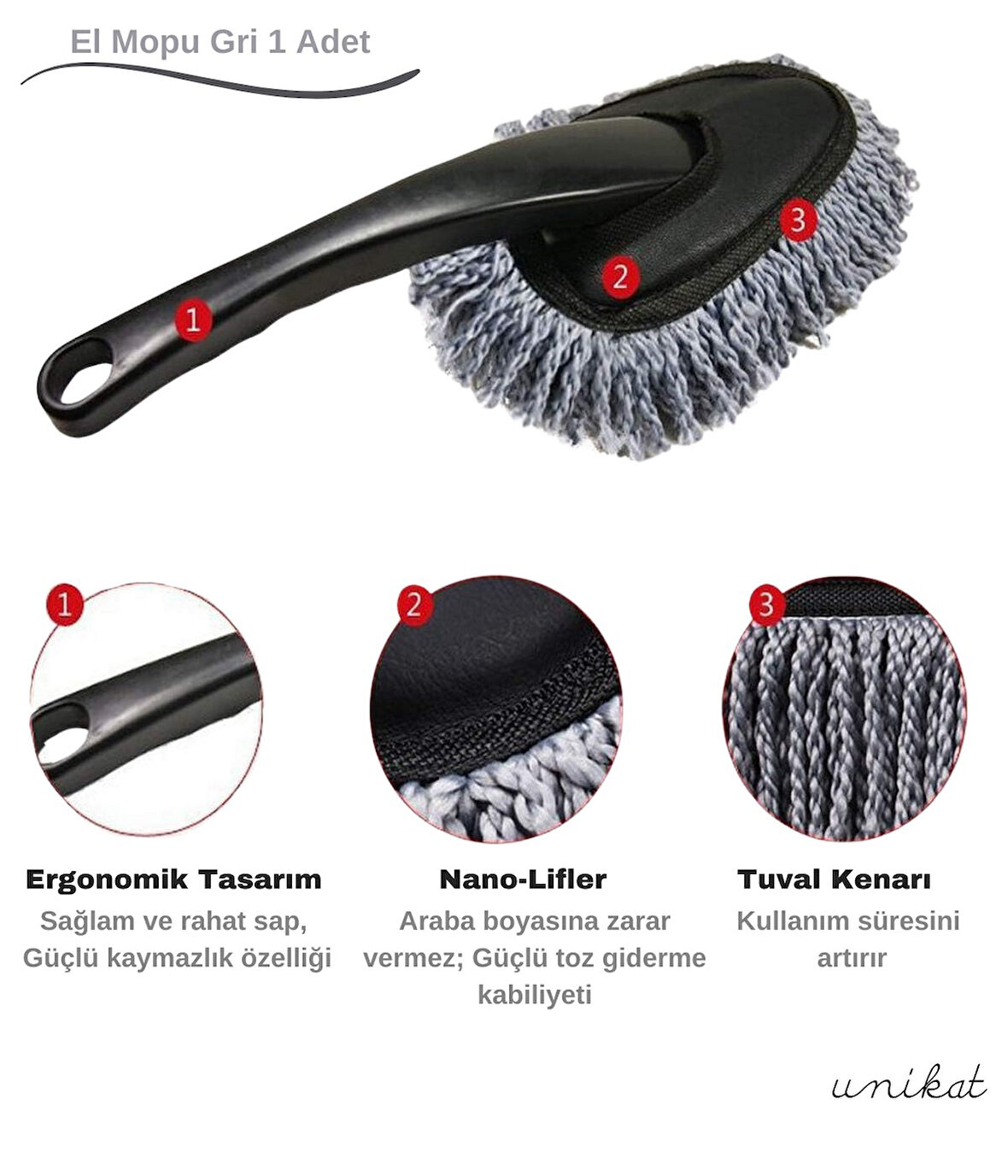 Makarna El Mopu Mini Mikrofiber Toz Alma ve Islak-Kuru Temizleme Fırçası 1 Adet Gri