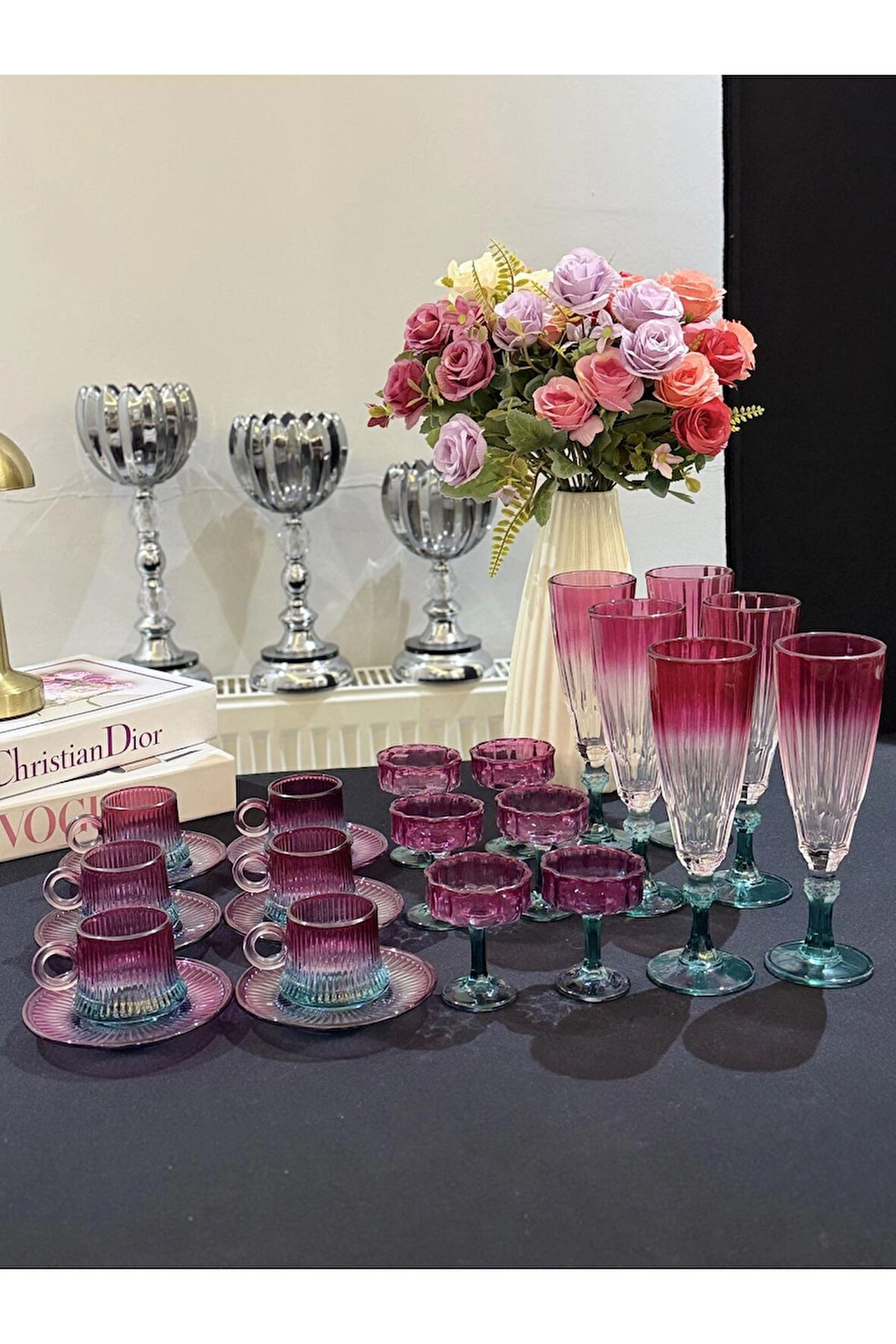 6 Kişilik 24 parça Mor Yeşil Lüks Cam Set