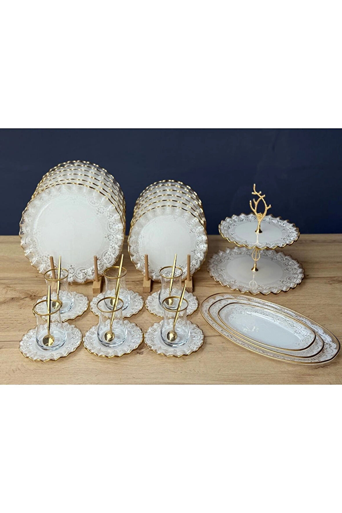 34 parça Lüks Dantel Desenli Kahvaltı ve Çay Takımı Seti:i