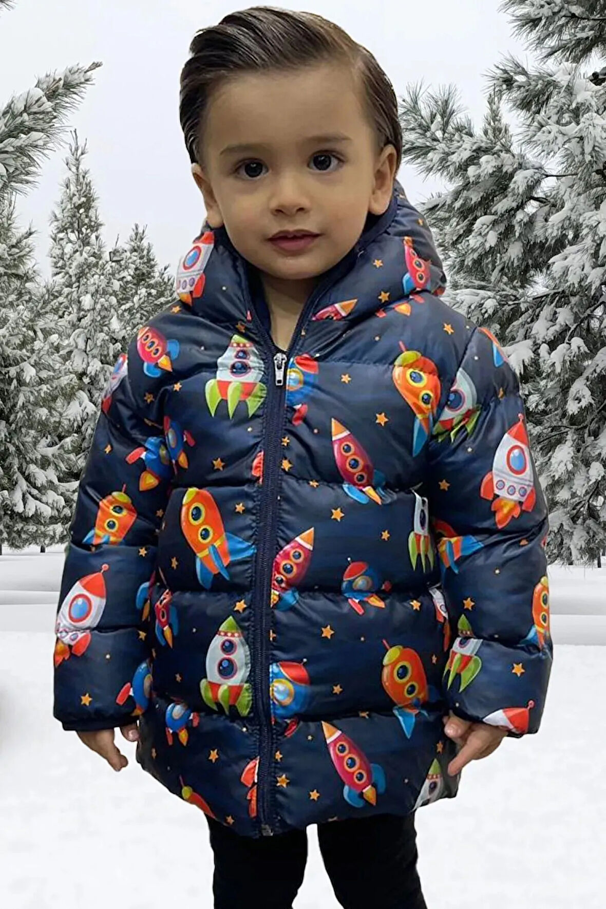 Erkek Çocuk Polarlı Kapüşonlu Roket Desenli Kışlık Şişme Mont & Kaban & Parka