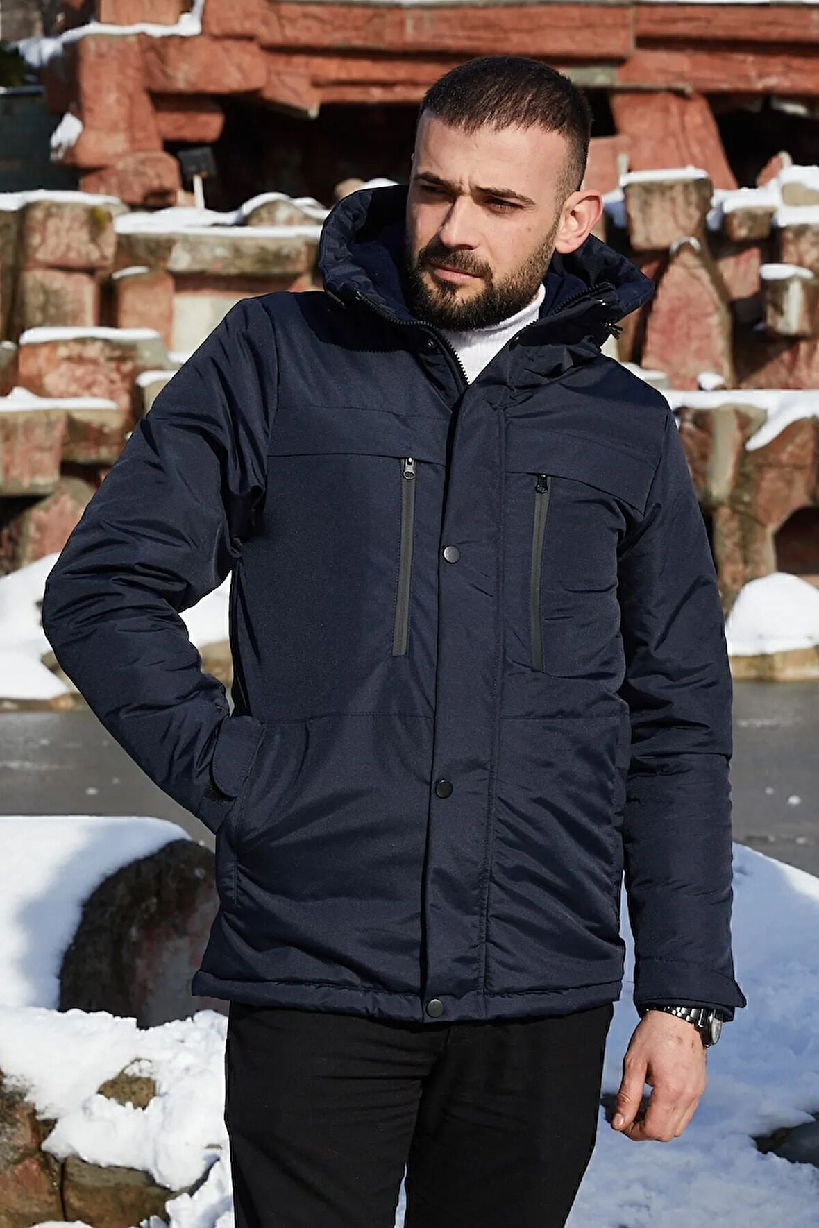 Erkek Lacivert Polarlı Kürklü Su Ve Rüzgar Geçirmez Kapüşonlu Kışlık Mont & Kaban & Parka