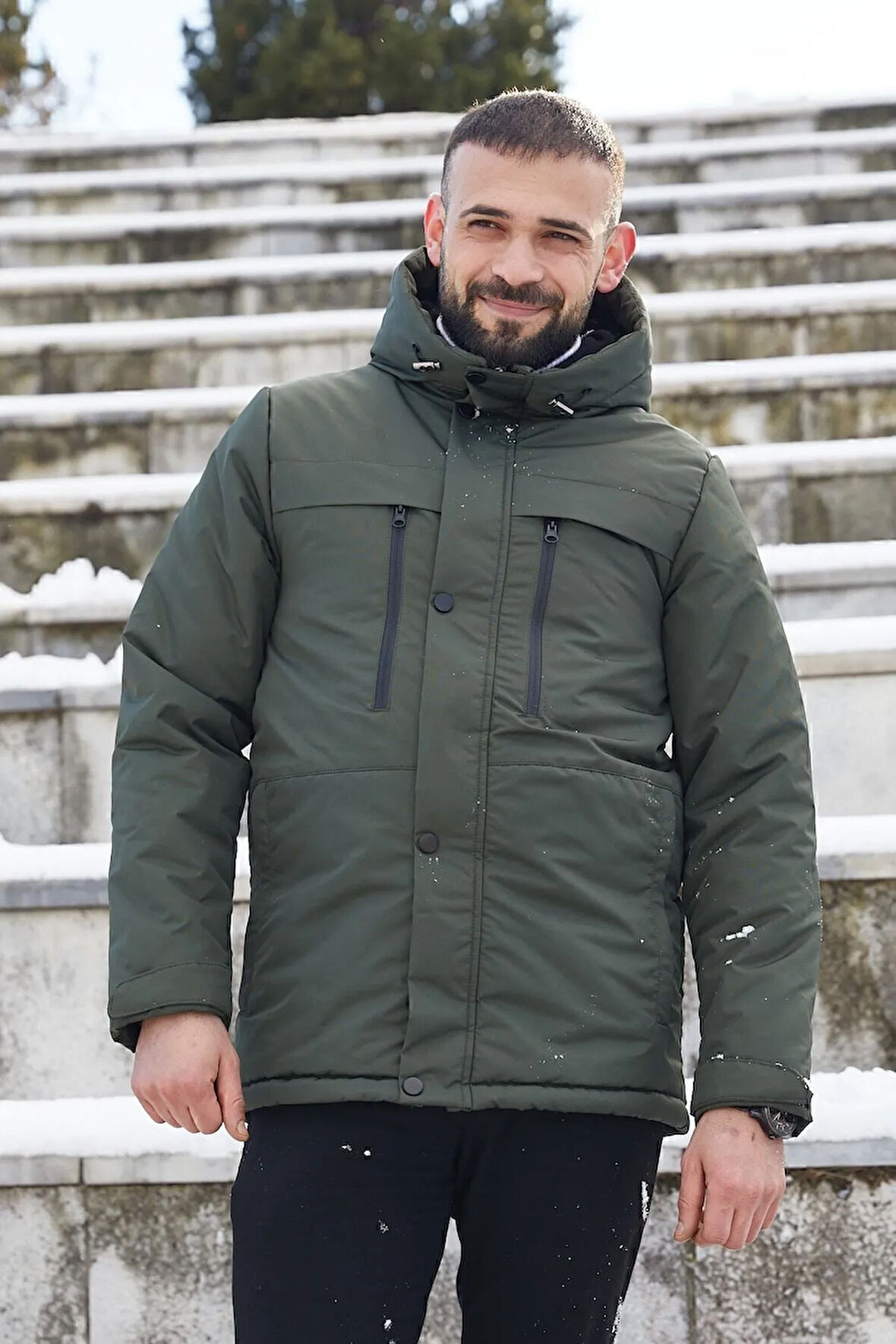 Erkek Haki Polarlı Kürklü Su Ve Rüzgar Geçirmez Kapüşonlu Kışlık Mont & Kaban & Parka