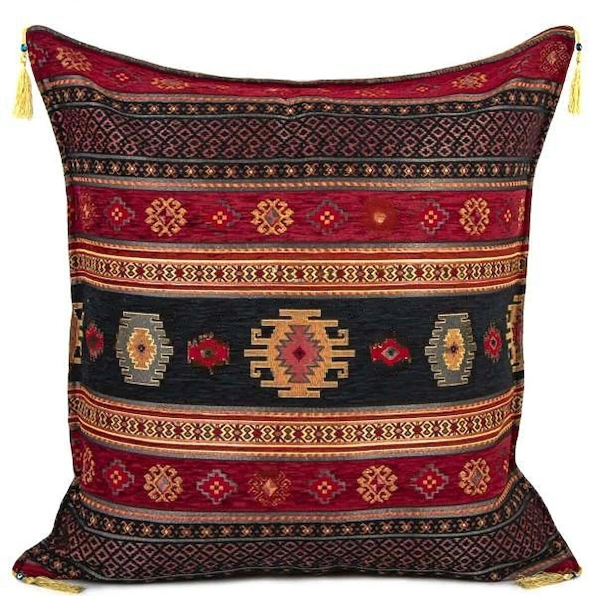 Kilim Desen (70cmx70cm) Şönil Kumaş Püsküllü Kare Ev Bahçe Minder Kılıfı NO3