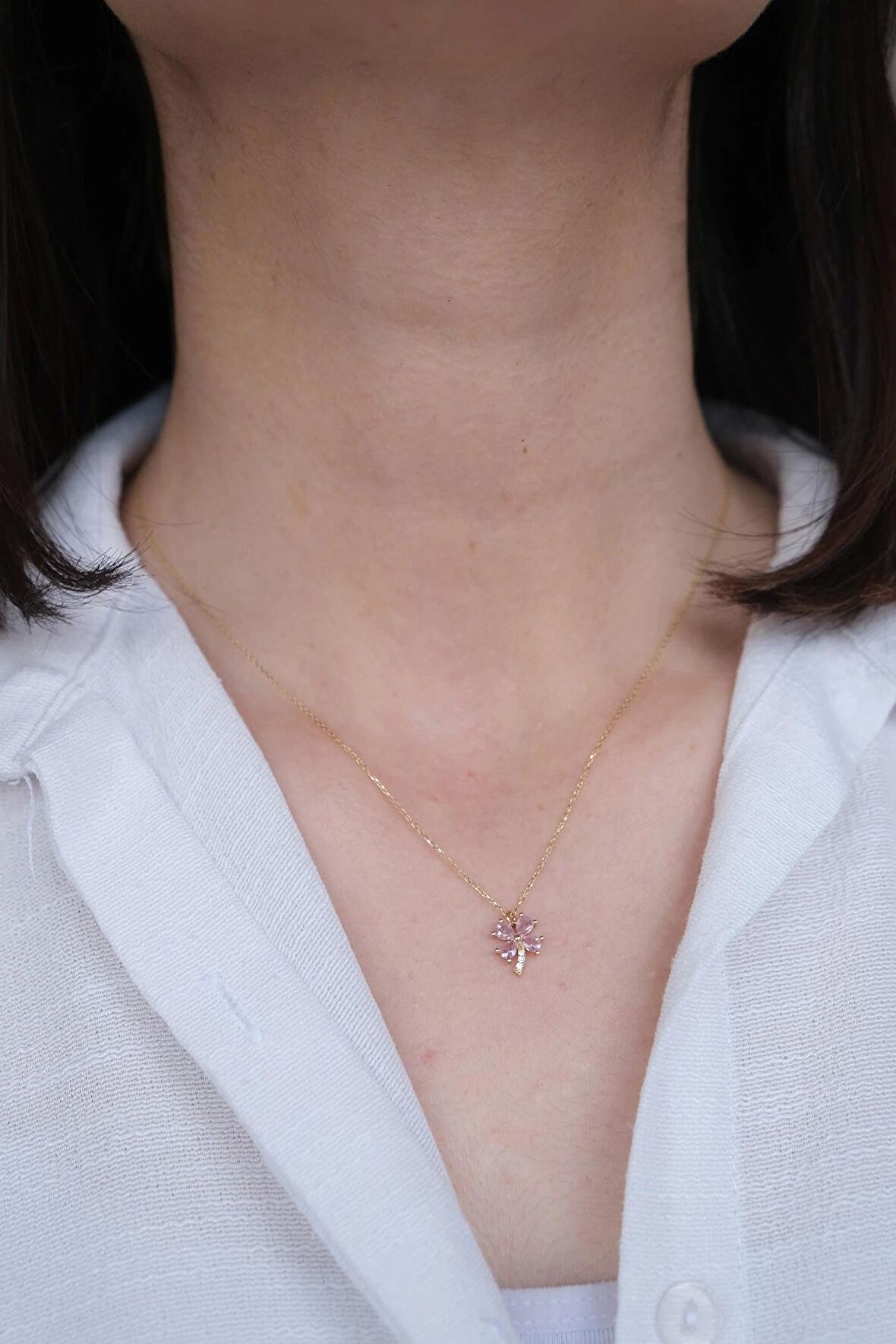 Güzide 14 Ayar Altın Pembe Taşlı Yonca Kolye