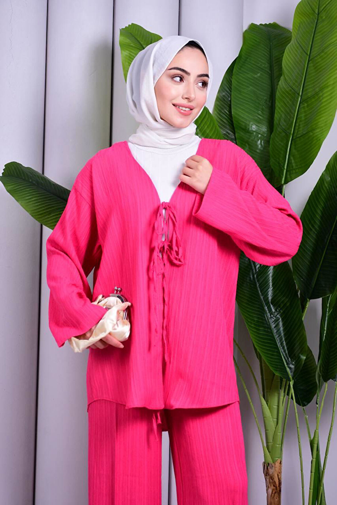 Bağcık Detaylı Pantolonlu Kimono Takım