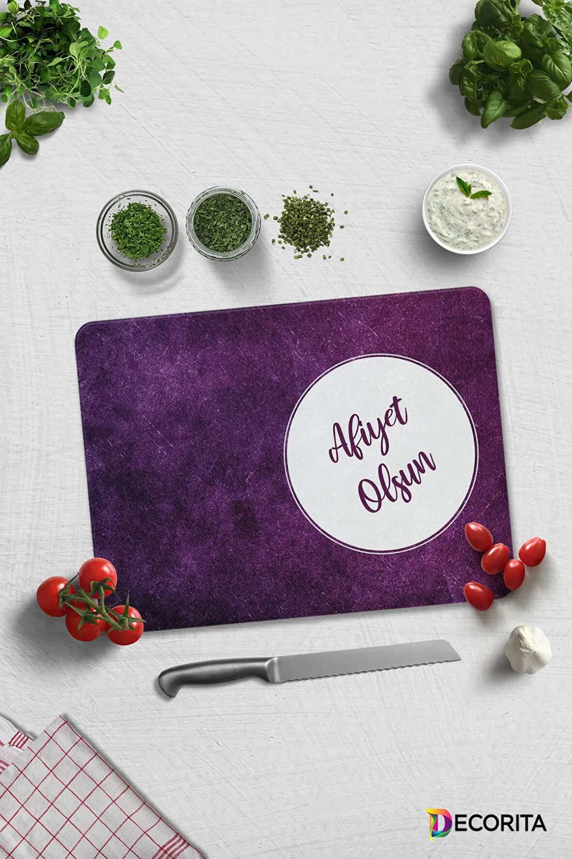 Cam Kesme Tahtası - Cam Kesme Tablası | Afiyet Olsun | Mor Doku | 30cm x 40cm