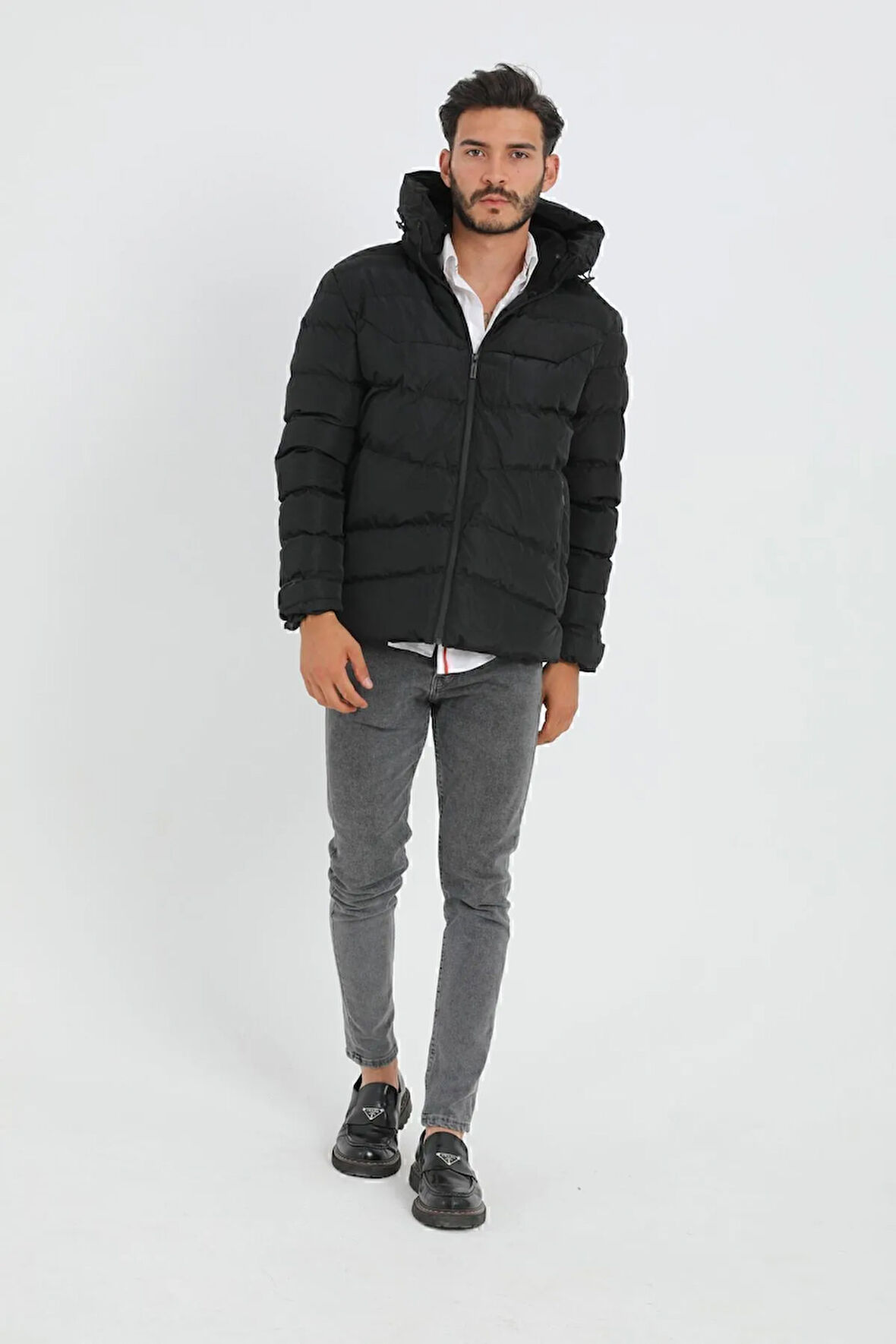 Erkek Siyah Kapüşonlu Polarlı Kürklü Su Geçirmez Rüzgara Dayanıklı Şişme Mont Kaban Parka