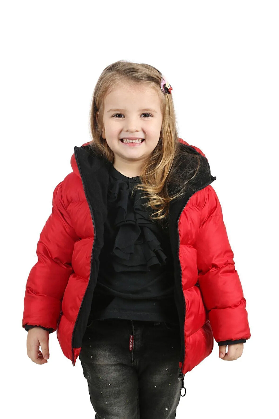 Kız Çocuk Kırmızı Polarlı Kapüşonlu Su Geçirmez Rüzgara Dayanıklı Şişme Kışlık Mont & Kaban