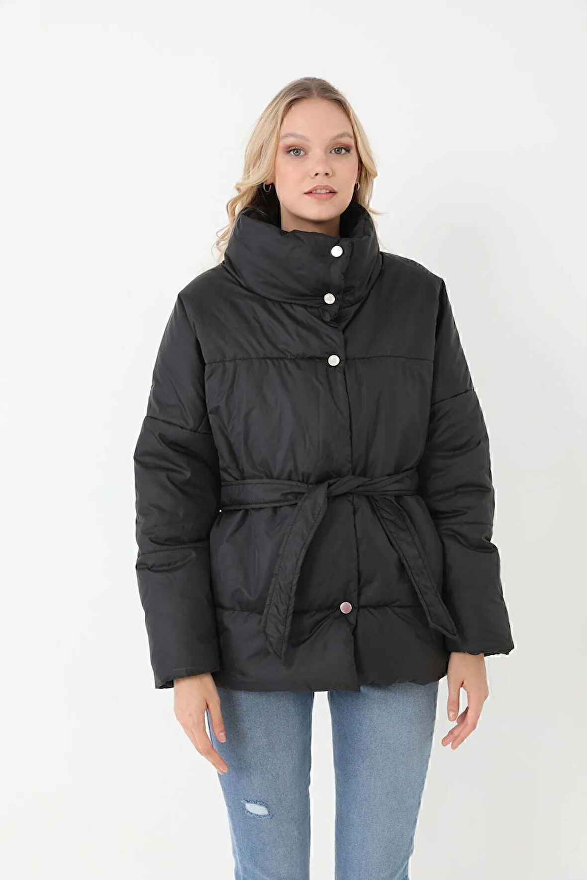 Kadın Siyah Dolgulu Astarlı Su Geçirmez Rüzgara Dayanıklı Oversize Bomber Mont Kaban Parka