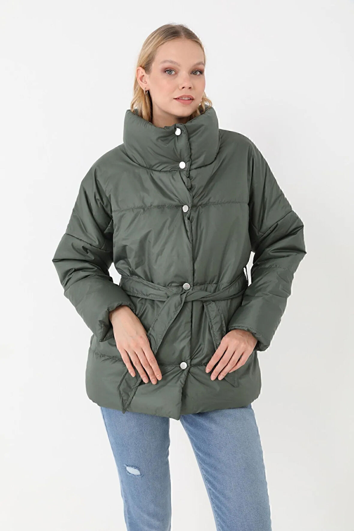 Kadın Haki Dolgulu Astarlı Su Geçirmez Rüzgara Dayanıklı Oversize Bomber Mont