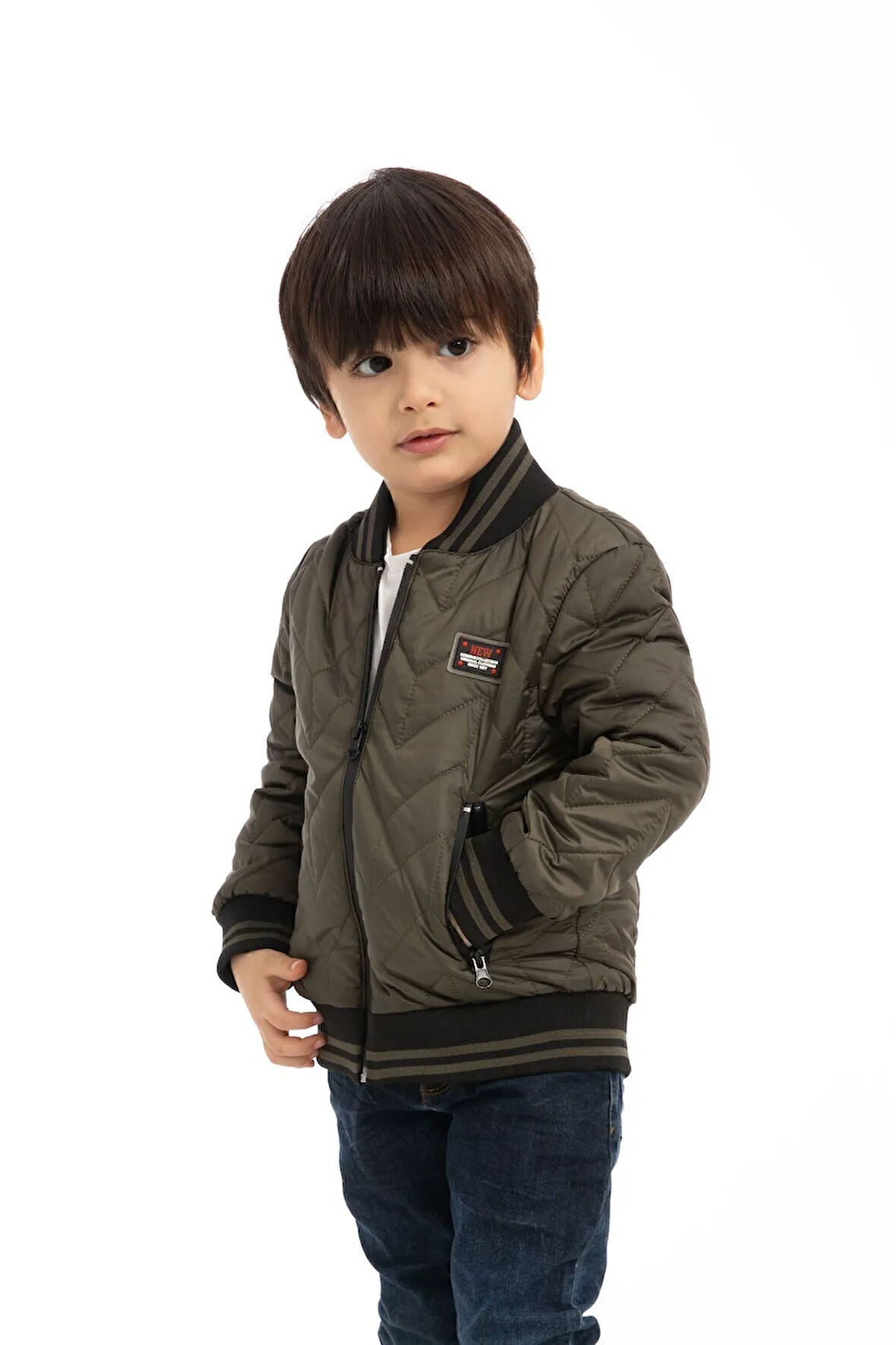 Erkek Çocuk Haki Kolej Yaka Astarlı Su Ve Rüzgar Geçirmez Fermuarlı Mont Ceket