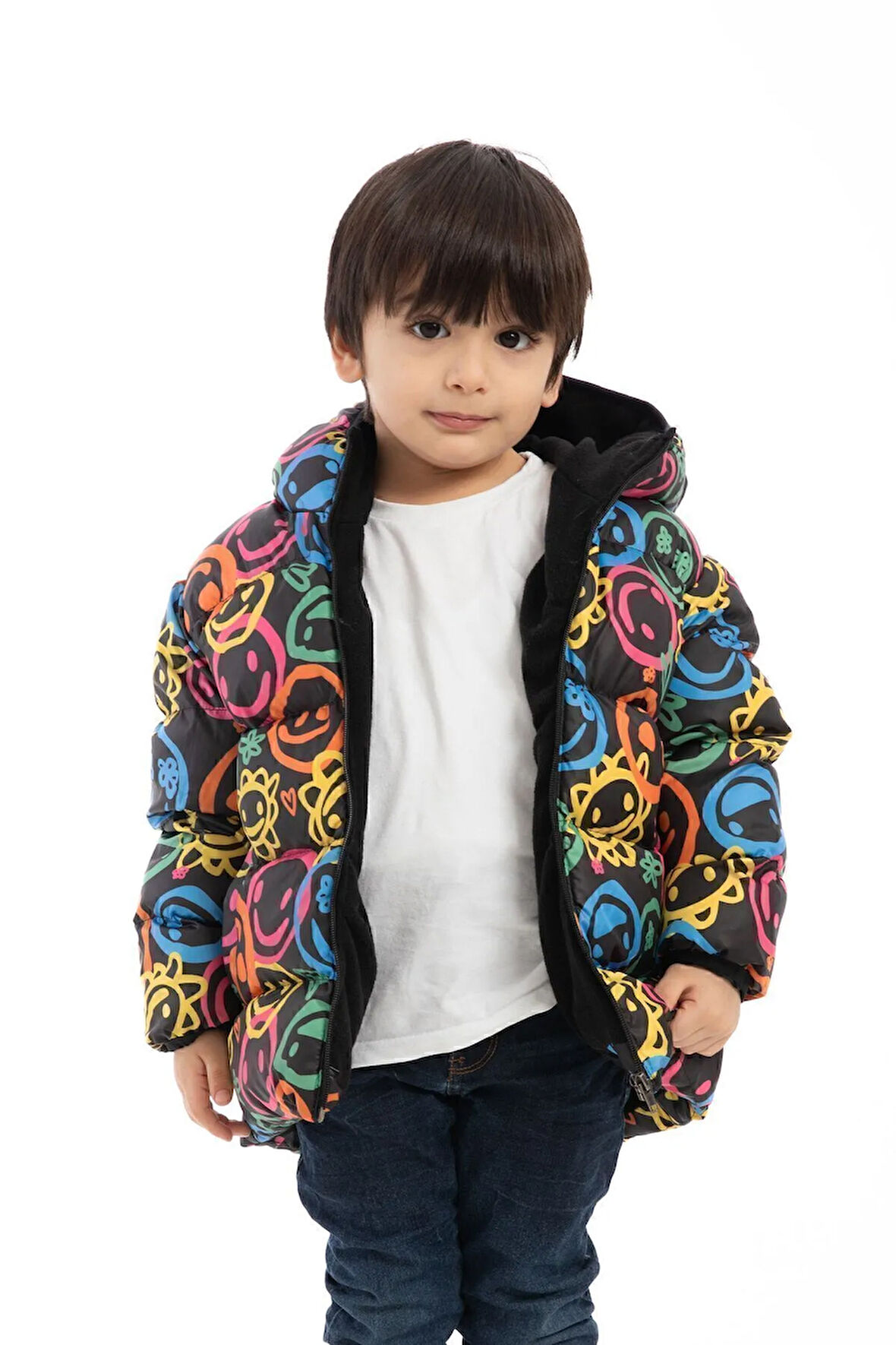 Erkek Çocuk Gülen Emoji Polarlı Kürklü Su Ve Rüzgar Geçirmez Kapüşonlu Kışlık Şişme Mont