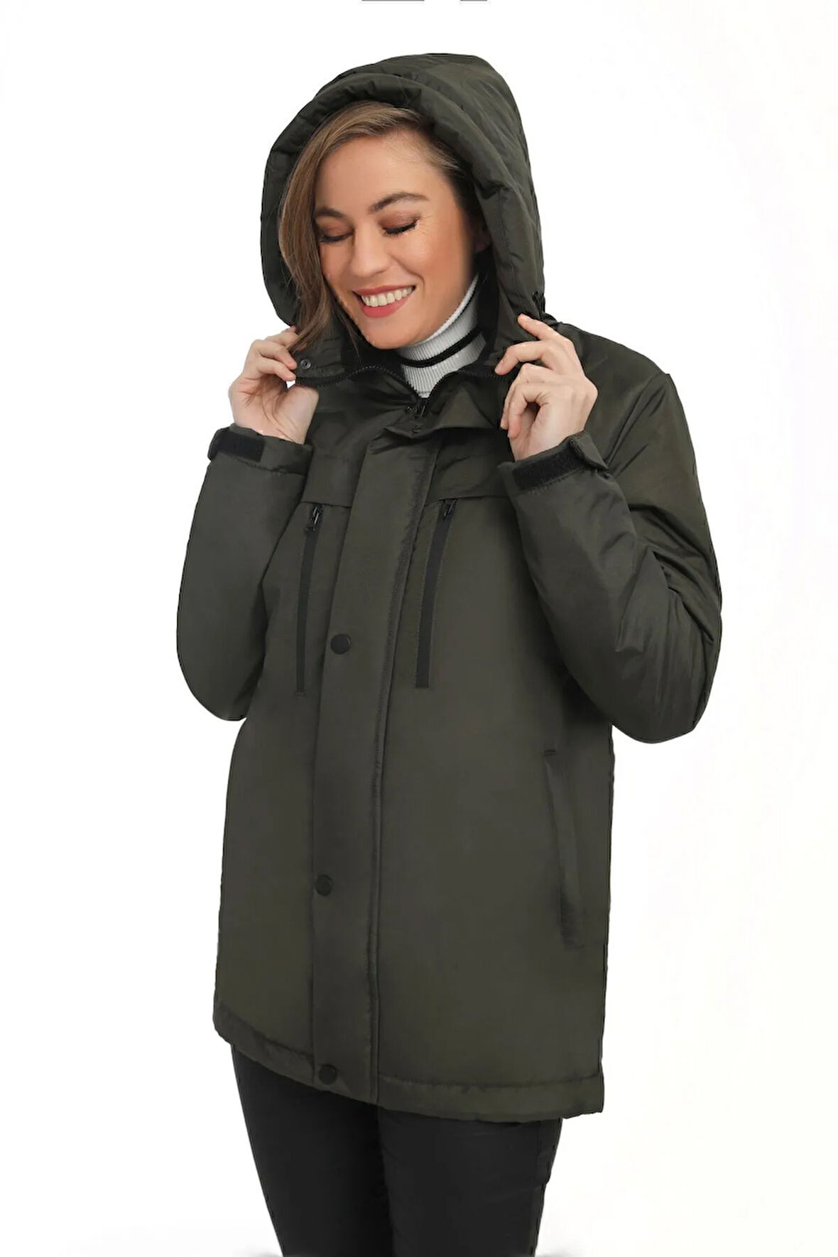 Kadın Haki Polarlı Kürklü Su Ve Rüzgar Geçirmez Kapüşonlu Kışlık Mont & Kaban & Parka
