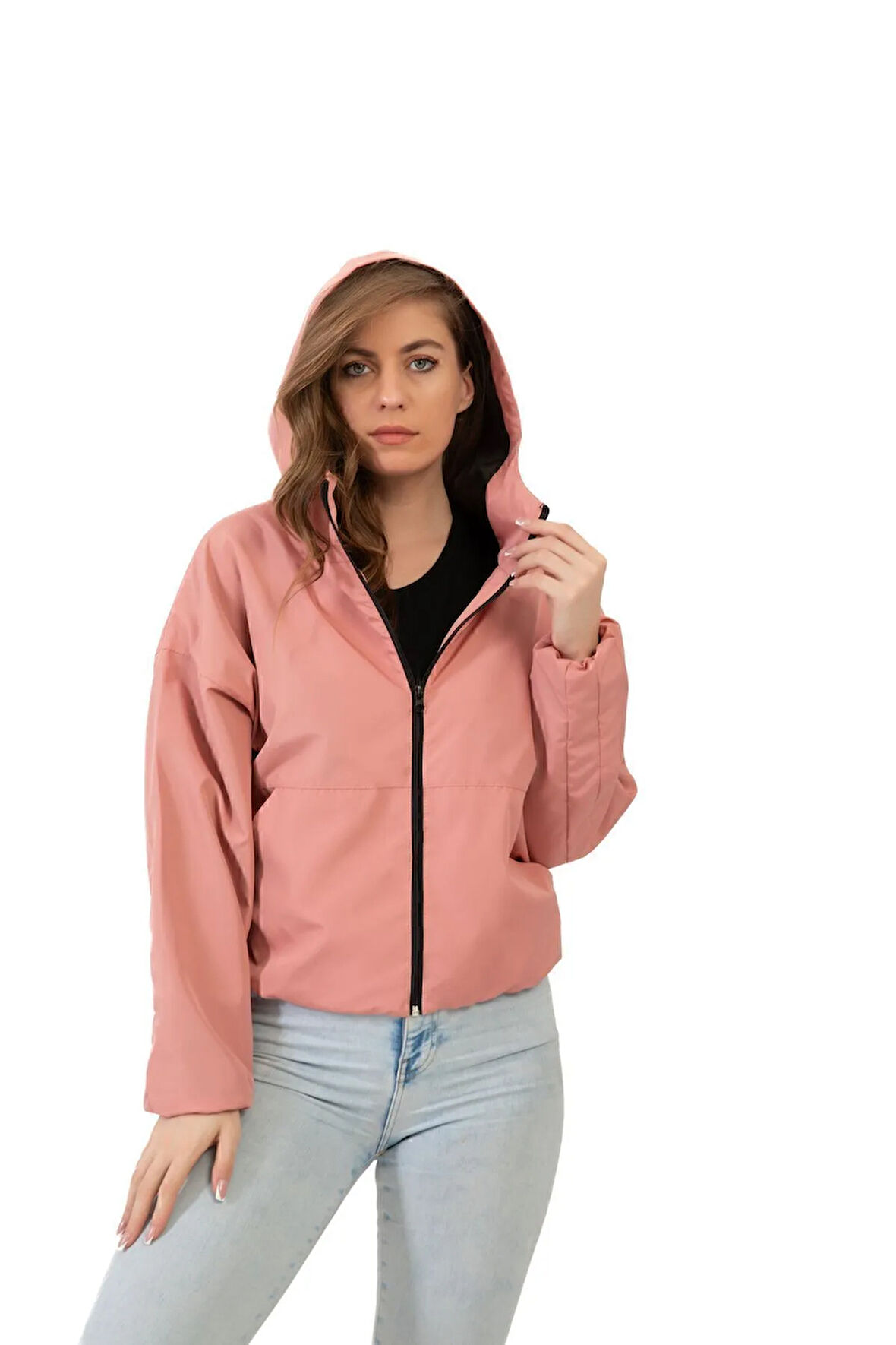 Kadın Pudra Kapüşonlu Su Ve Rüzgar Geçirmez Oversize Yağmurluk - Rüzgarlık