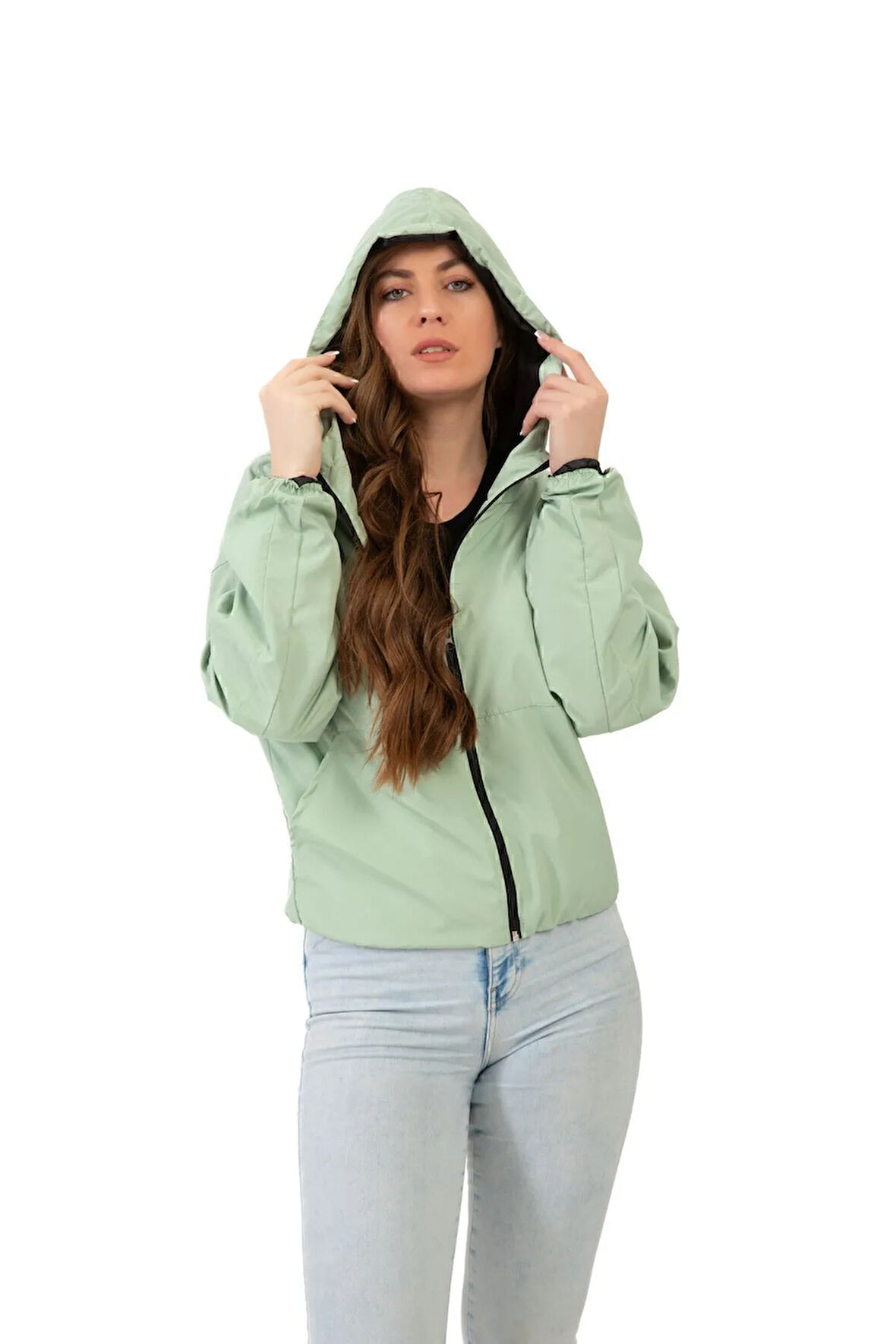 Kadın Su Yeşili Kapüşonlu Su Ve Rüzgar Geçirmez Oversize Yağmurluk - Rüzgarlık